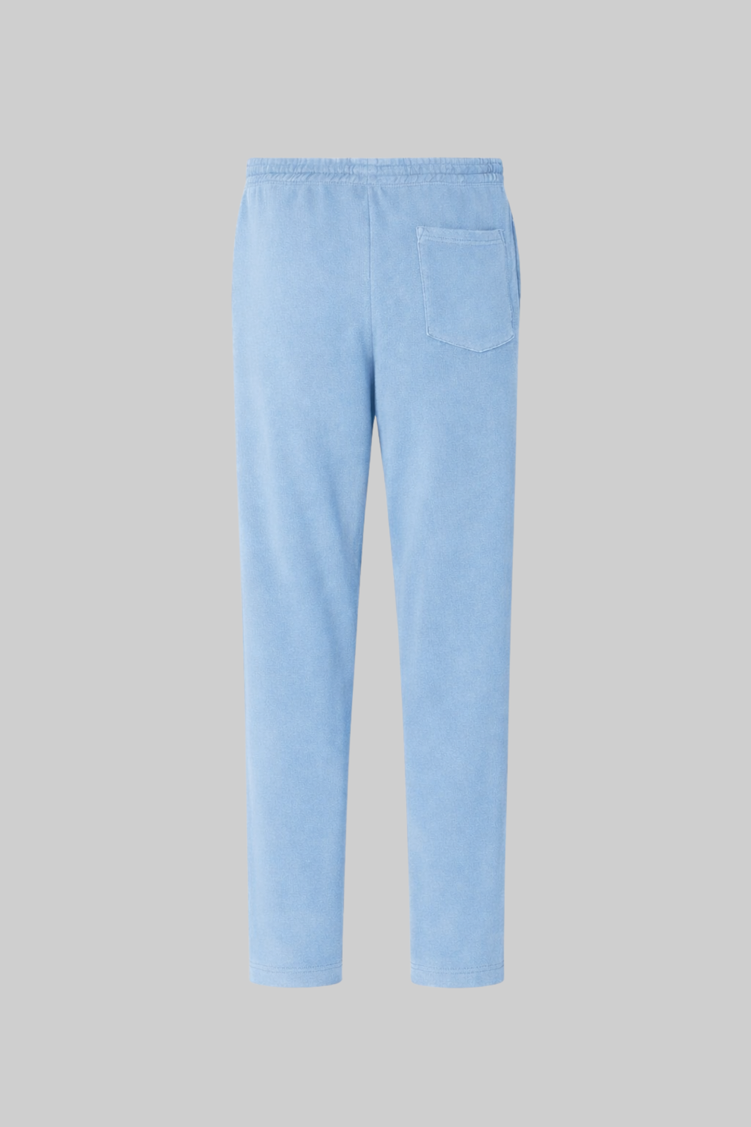 Back of light blue sweatpants on a gray background