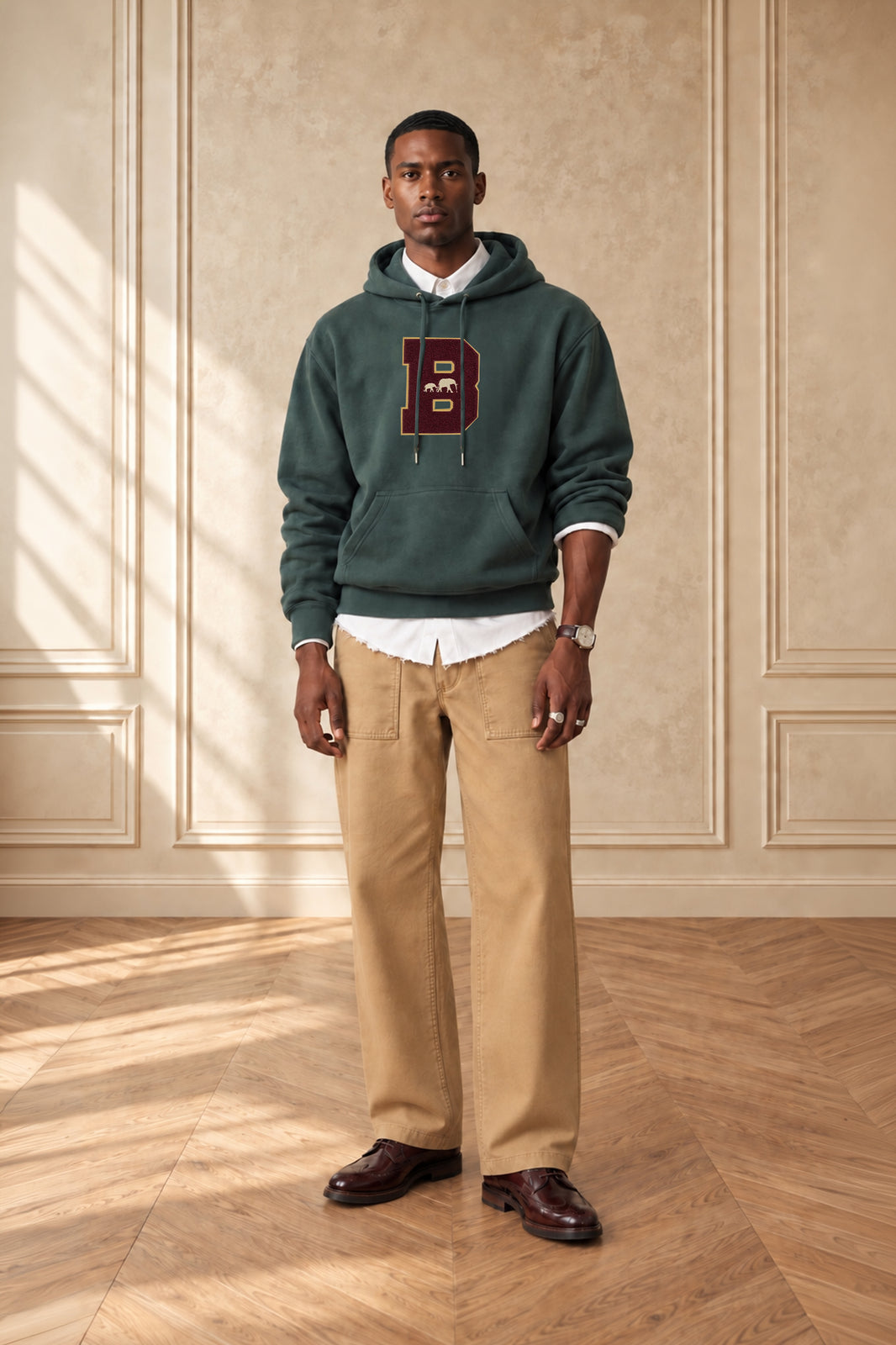 Classic Chenille B Hoodie (Green/Burgundy)